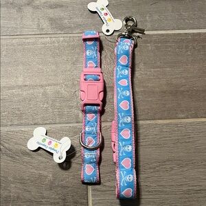 Douglas Paquette Heart Skulls Dog Collar 1” x 13”-20” med large & Matching Leash